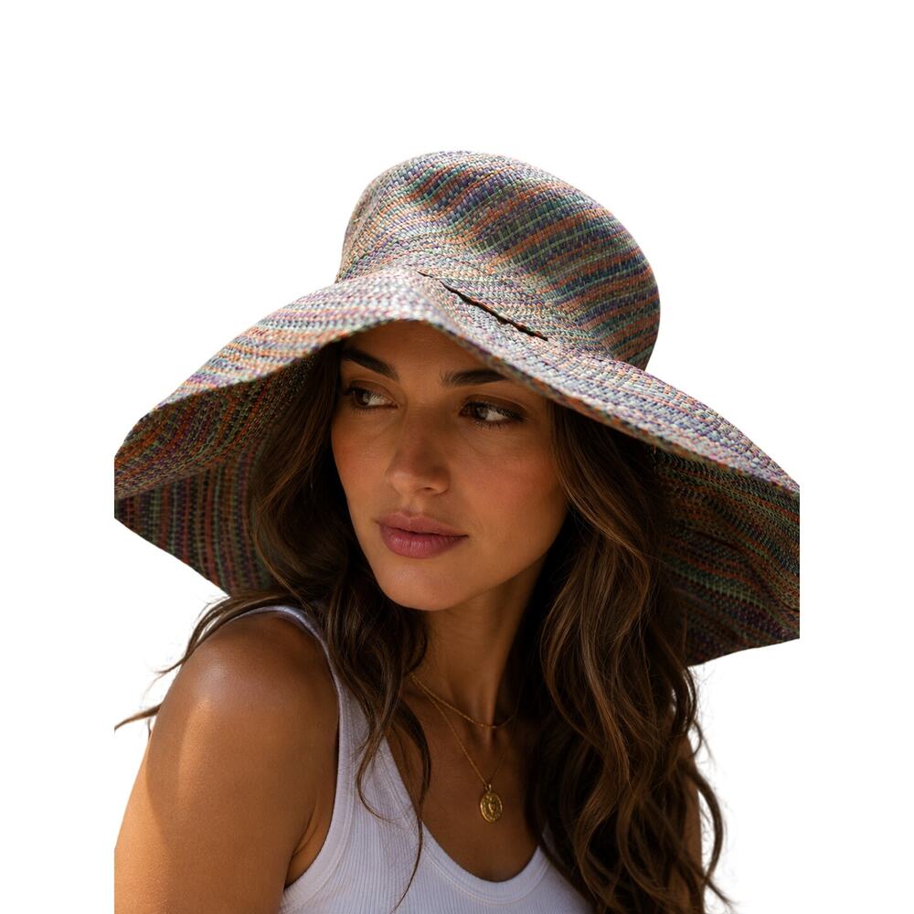 Shebobo Multicolor Woven Floppy Sun Hat Wide Brim Boho Beach Resort Hat